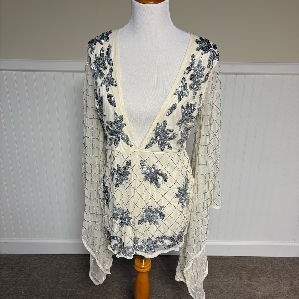 Cream and Silver Sequin Beaded Romper